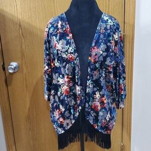 Maeve navy rose floral pattern velvet and sheer fringed kimono wrap open front